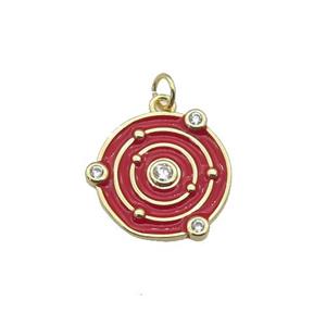 Copper Planet Pendant Pave Zirconia Red Enamel Gold Plated, approx 14mm dia [FN27128]