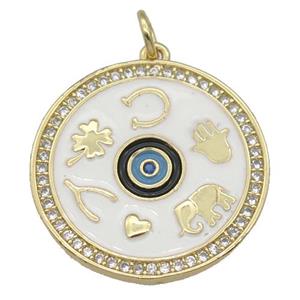copper circle astrology pendant paved zircon, enamel Evil Eye, medallion, gold plated, approx 22mm dia [FN27155]