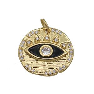 copper coin pendant paved zircon, black enamel eye, gold plated, approx 16-17mm [FN27157]