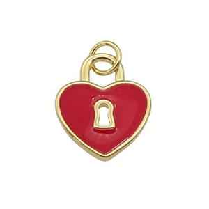 copper Heart Lock pendant with red enamel, gold plated, approx 13mm [FN27169]