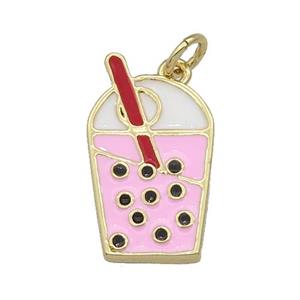 copper milkTea charm pendant with pink enamel, drinks, gold plated, approx 12-20mm [FN27170]