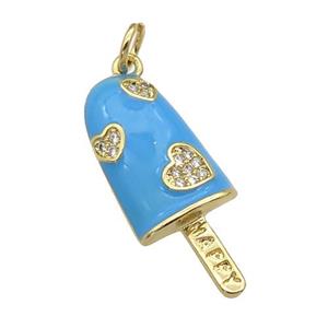 copper Icecream charm pendant paved zircon, blue enamel, gold plated, approx 10-25mm [FN27172]