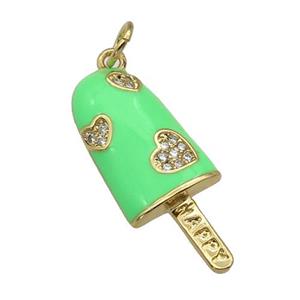 copper Icecream charm pendant paved zircon, green enamel, gold plated, approx 10-25mm [FN27173]