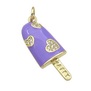 copper Icecream charm pendant paved zircon, lavender enamel, gold plated, approx 10-25mm [FN27175]