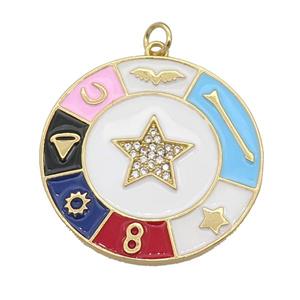 copper circle star pendant paved zircon, enamel, medallion, gold plated, approx 30mm dia [FN27177]