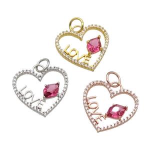 copper Heart pendant paved zircon, LOVE, mixed, approx 16mm [FN27188]