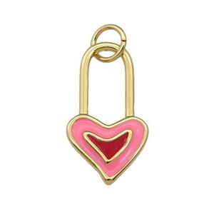 copper Heart Lock pendant with pink enamel, gold plated, approx 10-18.5mm [FN27190]