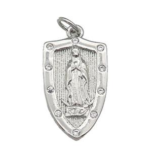 copper Virgin Mary Shield pendant paved zircon, religious, platinum plated, approx 12-21mm [FN27201]