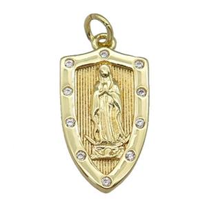 copper Virgin Mary Shield pendant paved zircon, religious, gold plated, approx 12-21mm [FN27202]