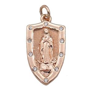 copper Virgin Mary Shield pendant paved zircon, religious, rose gold, approx 12-21mm [FN27203]