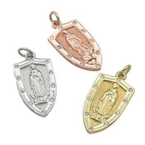 copper Virgin Mary Shield pendant paved zircon, religious, mixed, approx 12-21mm [FN27204]