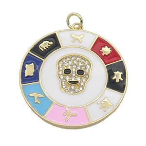 copper circle astrology pendant paved zircon, Skull, medallion, gold plated, approx 30mm dia [FN27205]