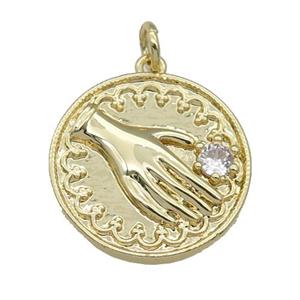 copper coin pendant paved zircon, hand, gold plated, approx 20mm dia [FN27206]