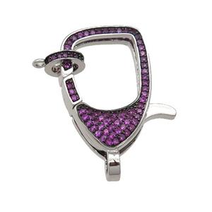 copper Lobster Clasp paved hotpink zircon, platinum plated, approx 17-26mm [FN27250]