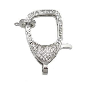 copper Lobster Clasp paved clear zircon, platinum plated, approx 17-26mm [FN27251]