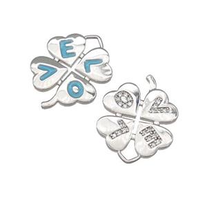copper Clover pendant paved zircon, enamel, LOVE, platinum plated, approx 15mm [FN27270]