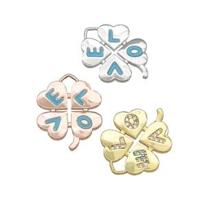 copper Clover pendant paved zircon, enamel, LOVE, mixed, approx 15mm [FN27272]
