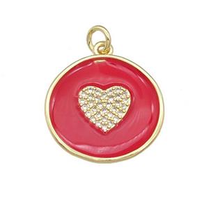 copper coin Heart pendant paved zircon with red enamel, gold plated, approx 20mm dia [FN27278]