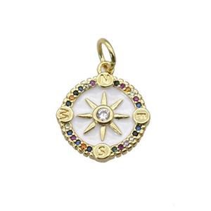 copper Compass pendant paved zircon with white enamel, gold plated, approx 15mm [FN27304]