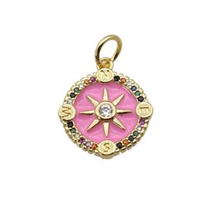 copper Compass pendant paved zircon with pink enamel, gold plated, approx 15mm [FN27305]