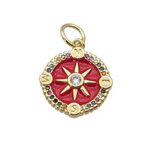 copper Compass pendant paved zircon with red enamel, gold plated, approx 15mm [FN27306]