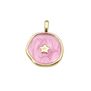 copper coin pendant with pink enamel, star, gold plated, approx 14mm [FN27316]