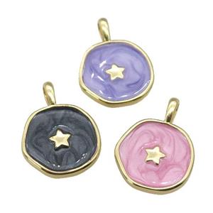 copper coin circle pendant with enamel, star, gold plated, mixed, approx 14mm [FN27319]