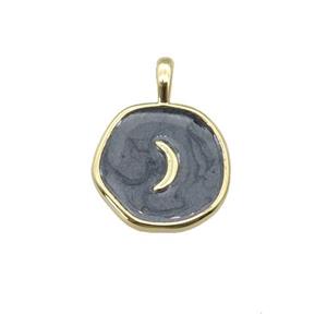 copper coin pendant with black enamel, moon, gold plated, approx 14mm [FN27321]