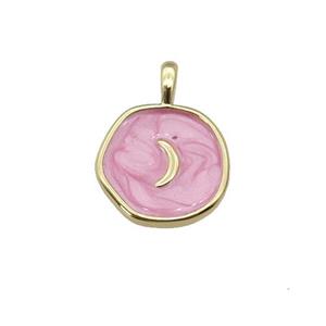 copper coin pendant with pink enamel, moon, gold plated, approx 14mm [FN27322]