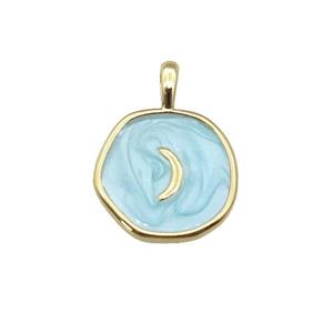 copper coin pendant with teal enamel, moon, gold plated, approx 14mm [FN27324]