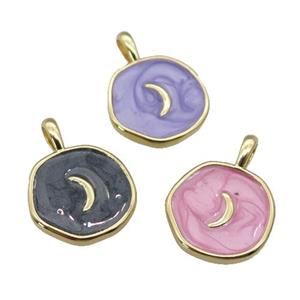 copper coin circle pendant with enamel, moon, gold plated, mixed, approx 14mm [FN27325]
