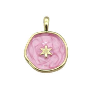 copper coin pendant with pink enamel, star, gold plated, approx 14mm [FN27328]