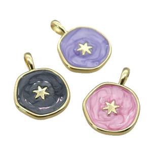copper circle coin pendant with enamel, star, gold plated, mixed, approx 14mm [FN27331]
