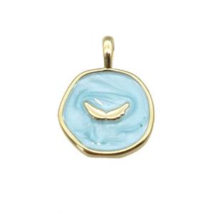 copper coin pendant with teal enamel, wing, gold plated, approx 14mm [FN27336]