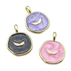 copper circle coin pendant with enamel, wing, gold plated, mixed, approx 14mm [FN27337]