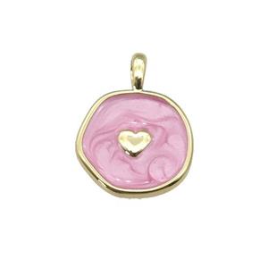 copper coin pendant with pink enamel, heart, gold plated, approx 14mm [FN27340]