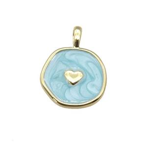 copper coin pendant with teal enamel, heart, gold plated, approx 14mm [FN27342]