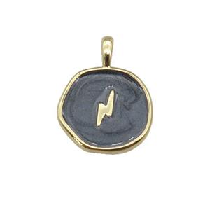 copper coin pendant with black enamel, lightning, gold plated, approx 14mm [FN27345]
