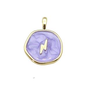 copper coin pendant with lavender enamel, lightning, gold plated, approx 14mm [FN27346]