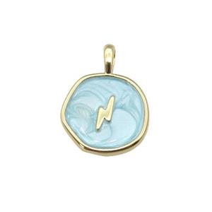 copper coin pendant with teal enamel, lightning, gold plated, approx 14mm [FN27348]