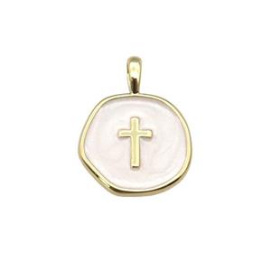 copper coin pendant with white enamel, cross, gold plated, approx 14mm [FN27350]