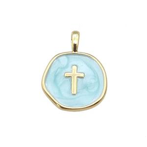 copper coin pendant with teal enamel, cross, gold plated, approx 14mm [FN27352]