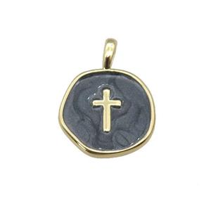 copper coin pendant with black enamel, cross, gold plated, approx 14mm [FN27353]
