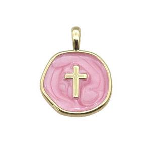 copper coin pendant with pink enamel, cross, gold plated, approx 14mm [FN27354]