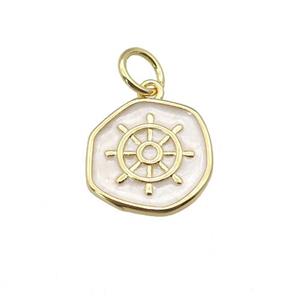 copper coin pendant with white enamel, ships wheel, gold plated, approx 14mm [FN27356]
