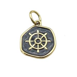 copper coin pendant with black enamel, ships wheel, gold plated, approx 14mm [FN27357]