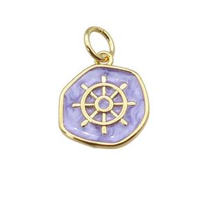 copper coin pendant with lavender enamel, ships wheel, gold plated, approx 14mm [FN27358]