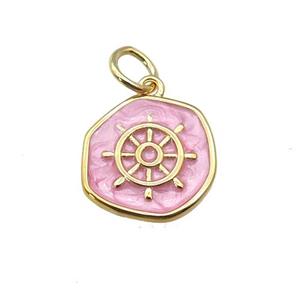 copper coin pendant with pink enamel, ships wheel, gold plated, approx 14mm [FN27359]