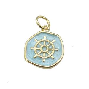 copper coin pendant with teal enamel, ships wheel, gold plated, approx 14mm [FN27360]