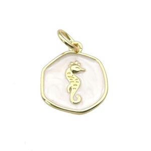 copper coin pendant with white enamel, seahorse, gold plated, approx 14mm [FN27362]